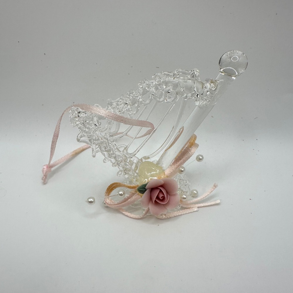Hand Blown Spun Glass Harp Ornament Pink Rose Faux Pearls Musical Decor READ